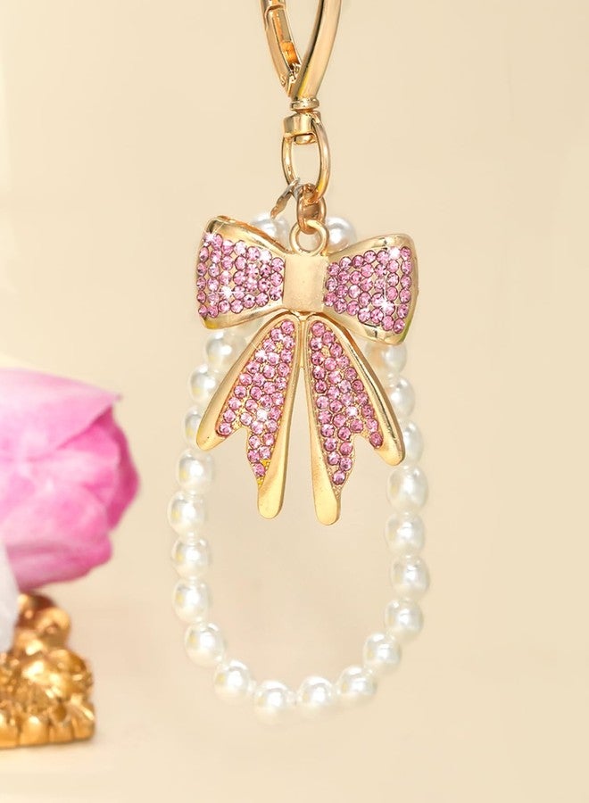 nylry Bow Keychain Bow Bag Charm Purse Charms for Handbags Rhinestone Bowknot Keychains With Pearl Chains Cute Keychains for Women Crystal Bag Charms for Backpacks Keychain Accessories Gifts-pink - Image 3